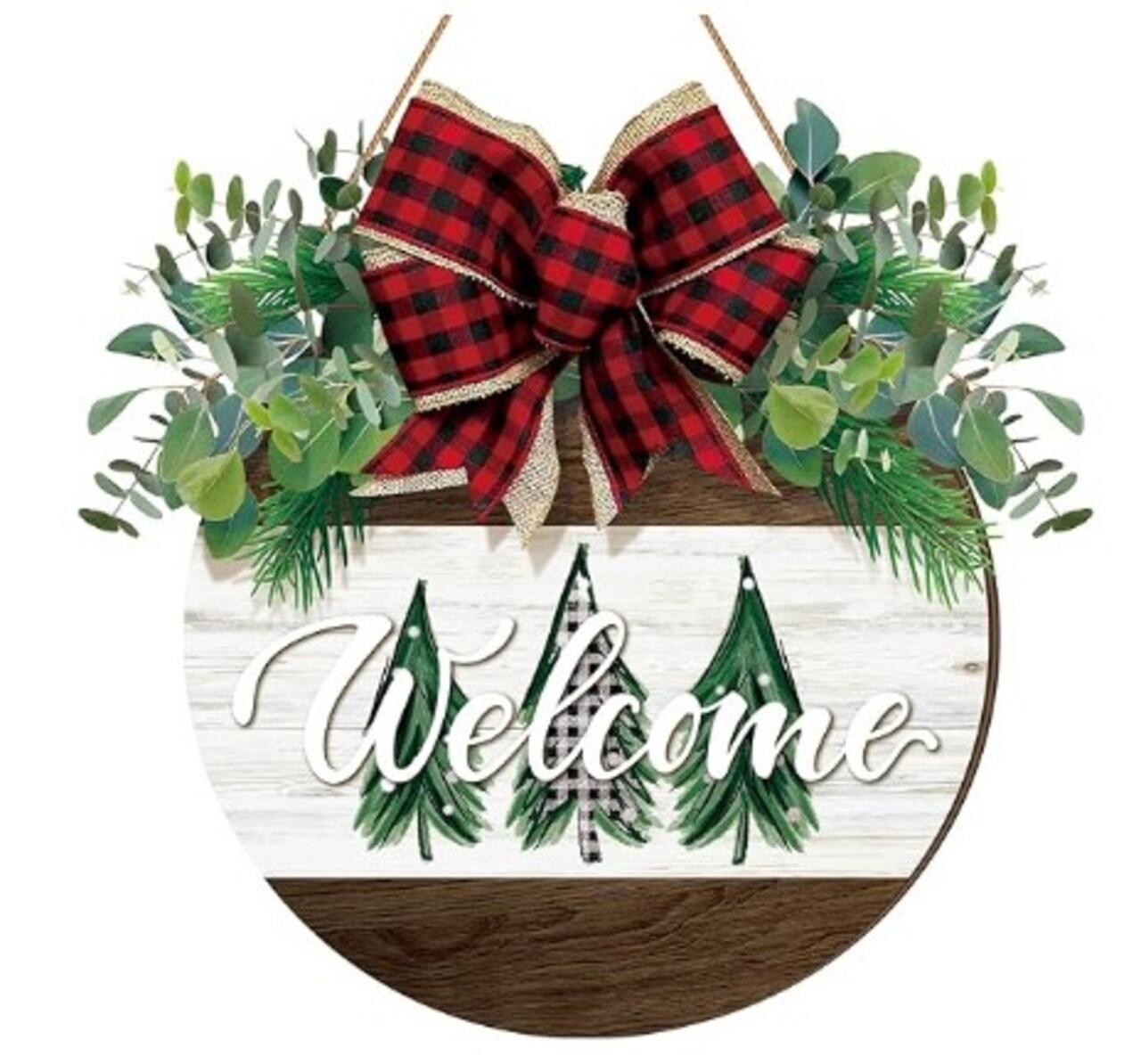 Front Door Christmas Welcome Sign Christmas Round Wood Sign with Bow Wreath Door Decorations Hanging Welcome Door Sign Welcome Porch Sign Farmhouse Outdoor Wall Home Decor Gift
